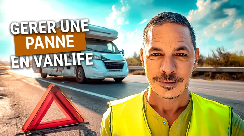 Xavier in a yellow vest in front of a broken-down motorhome on a sunny road, warning triangle on the ground.