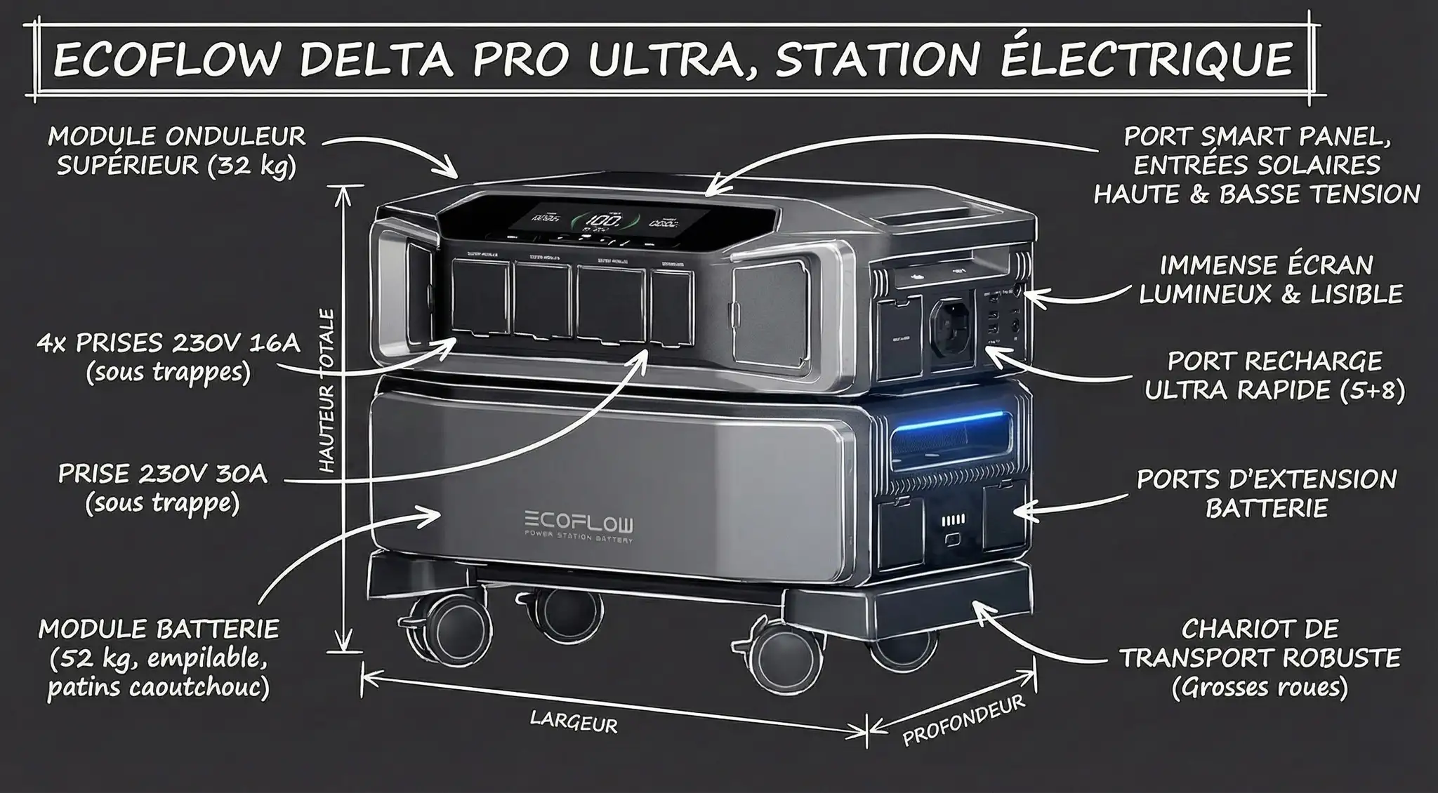 EcoFlow Delta Pro Ultra power station with labeled features and specifications, including ports and battery details.