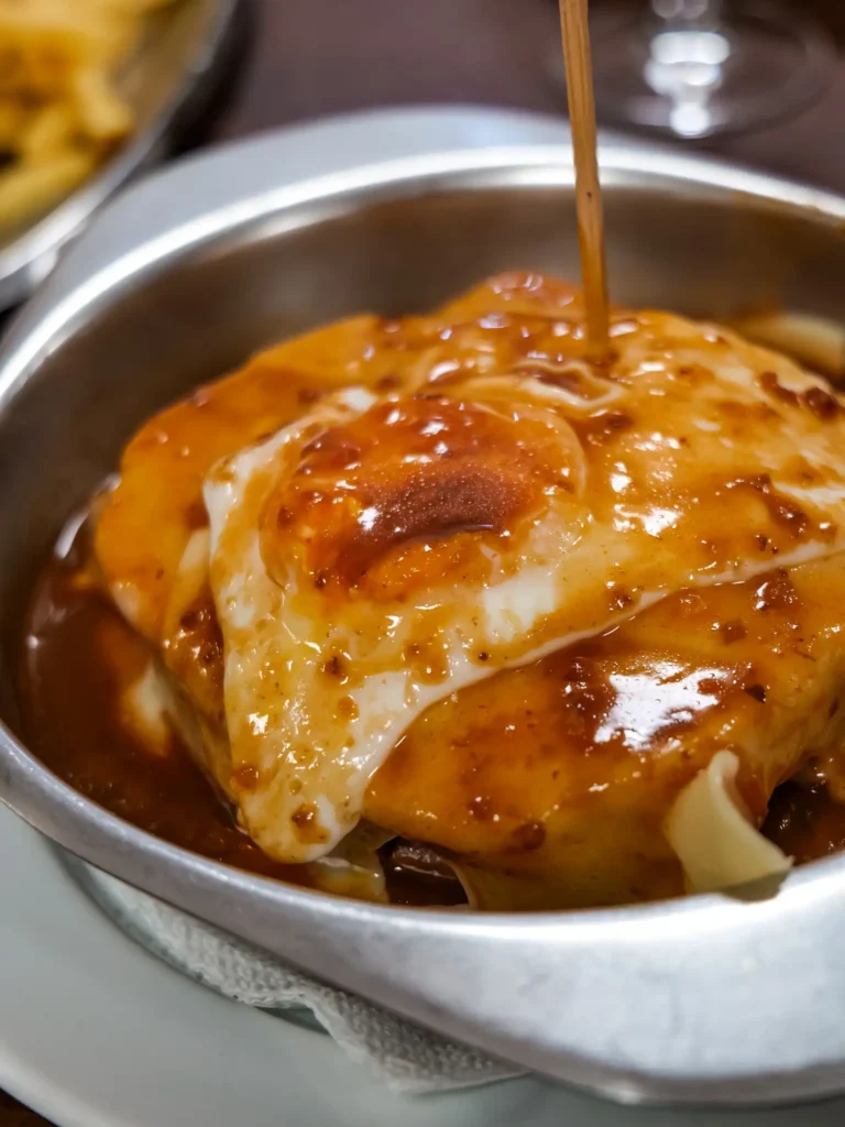 Francesinha served at O Jardim restaurant in Tomar, Portugal, topped with spicy sauce and garnished with an egg.