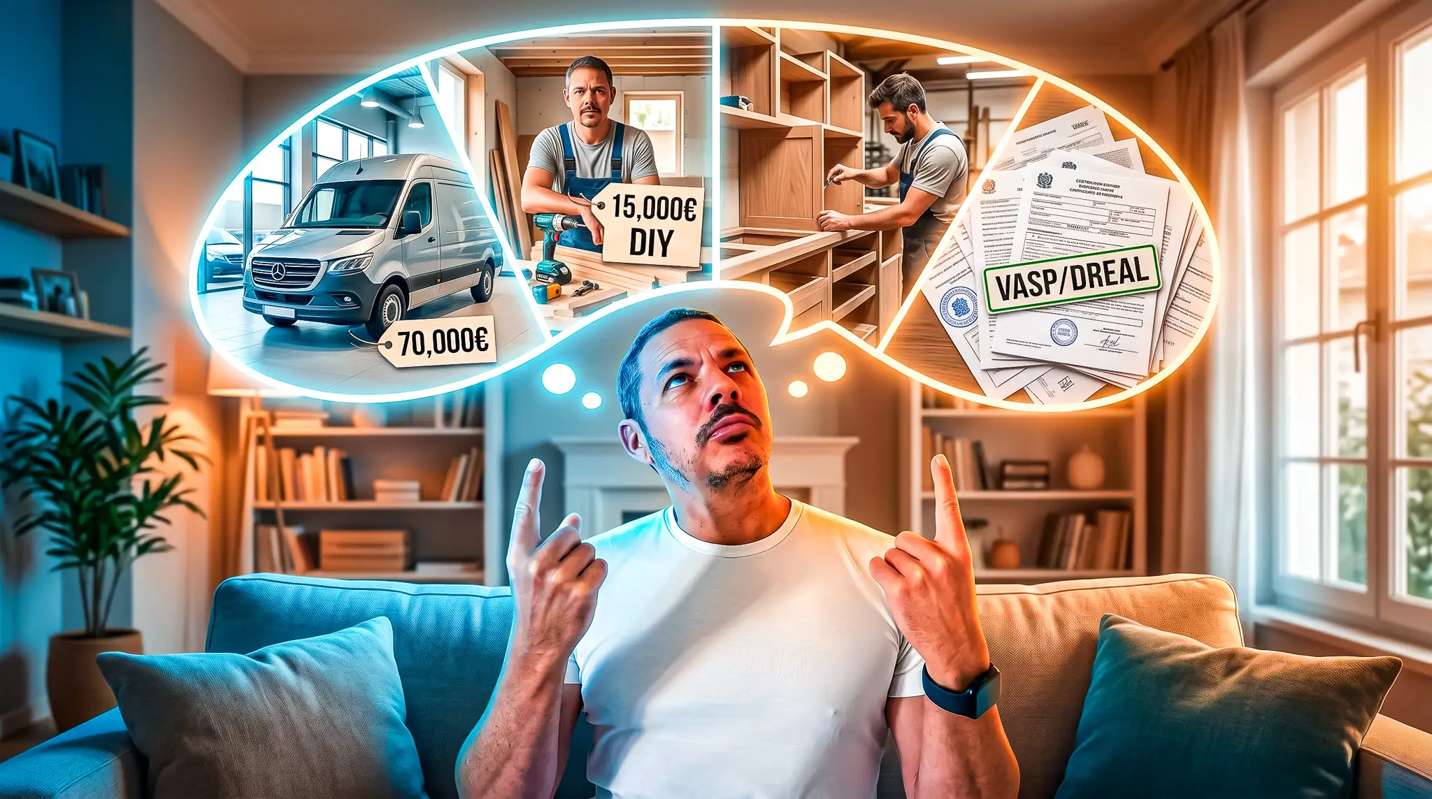 Xavier contemplating the purchase or construction of a van, comparing costs and options in a modern showroom.