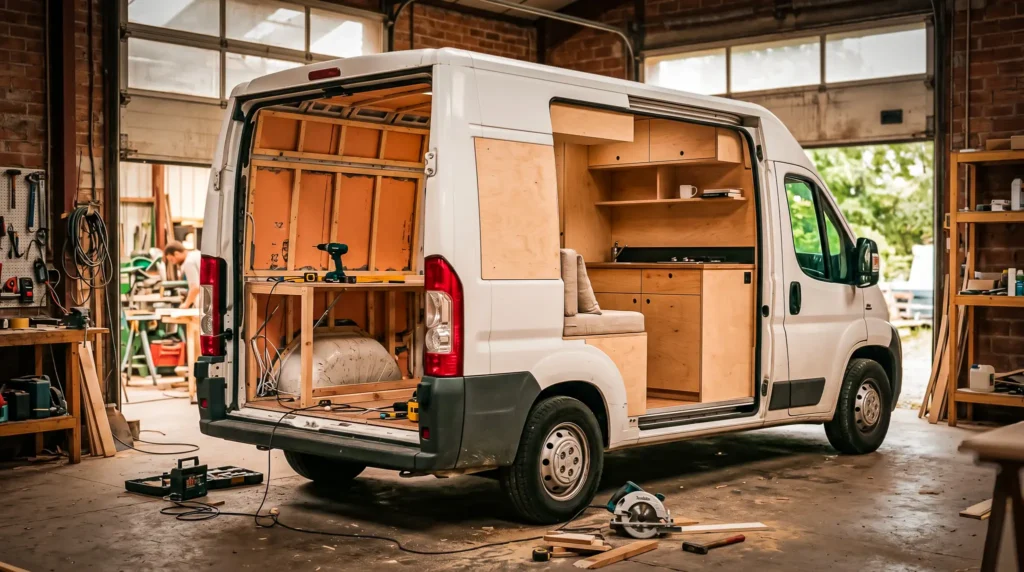 Van being fitted out in a workshop, wooden interior, tools around.