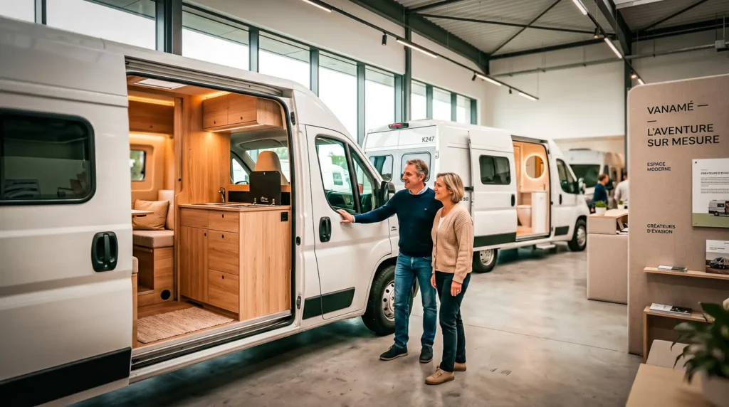 Couple examining the interior of a converted van in a bright showroom.