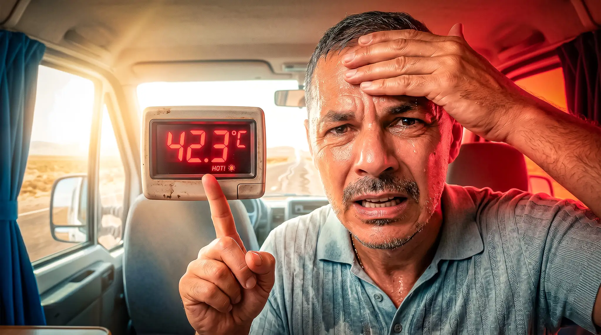Xavier in a desert vehicle, pointing at a thermometer reading 42.3°C.