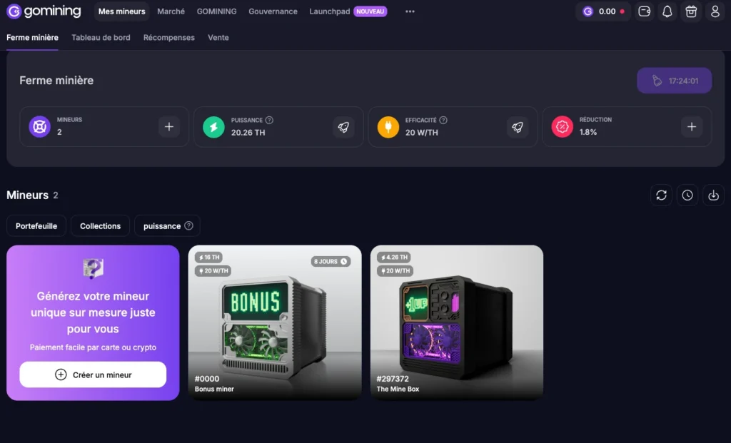 Screenshots of the different miners.