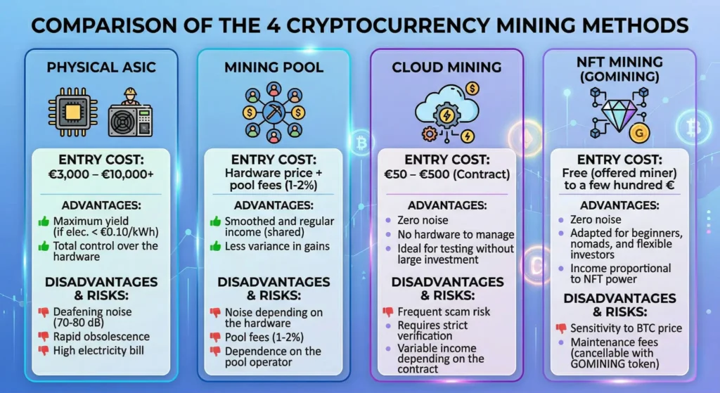 Infographic comparison of cryptocurrency mining methods
