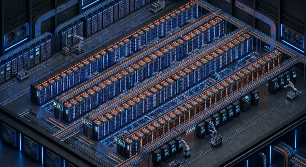 Bitcoin mining server room, rows of machines lined up in a modern data center.