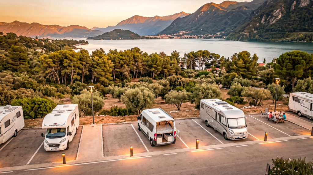 Campervans parked by Lake Como, mountains in the background, sunset.