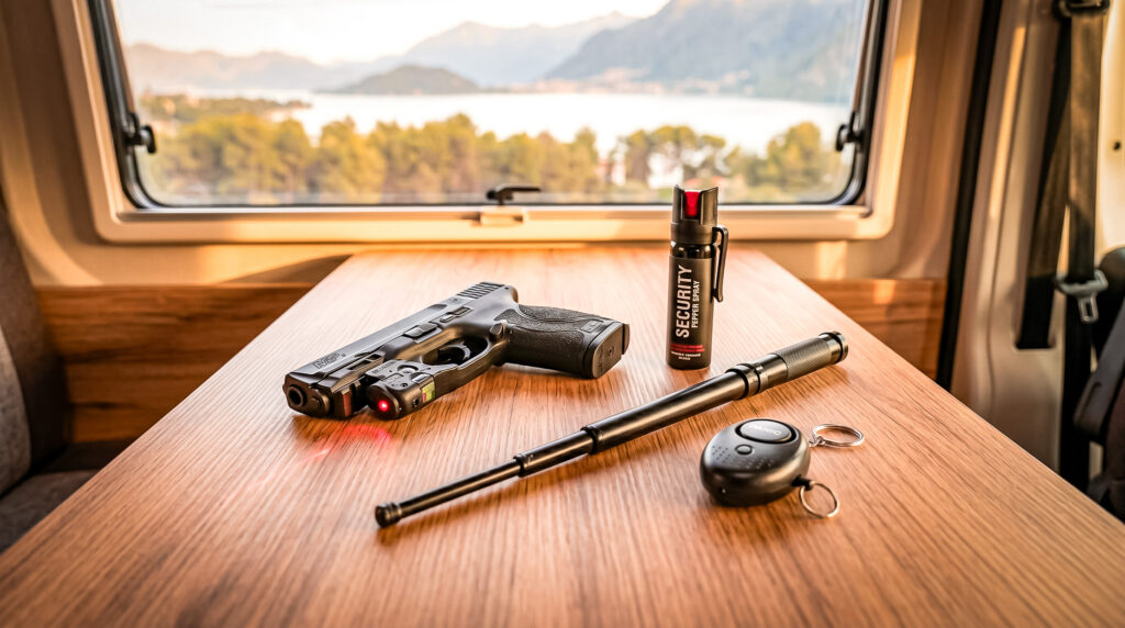 Safety items on a table in a converted van with a view of the lake and mountains.