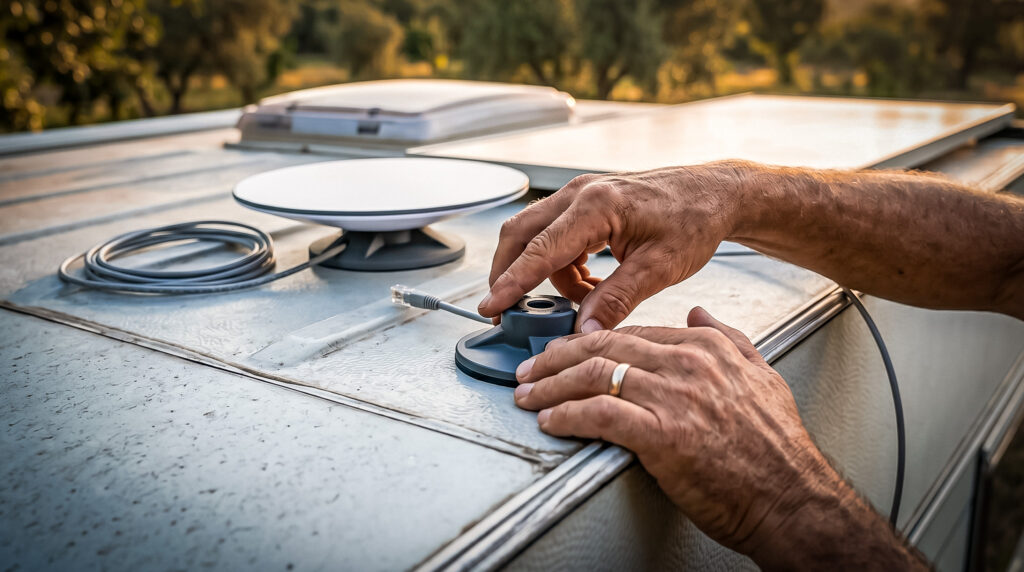 Installation of a Starlink antenna on the roof of a camper van outdoors, hands adjusting the equipment.