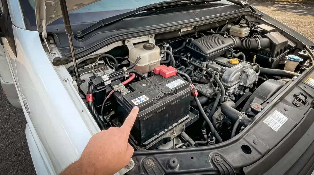 Camper battery under the hood, hand pointing at the connections, in broad daylight.