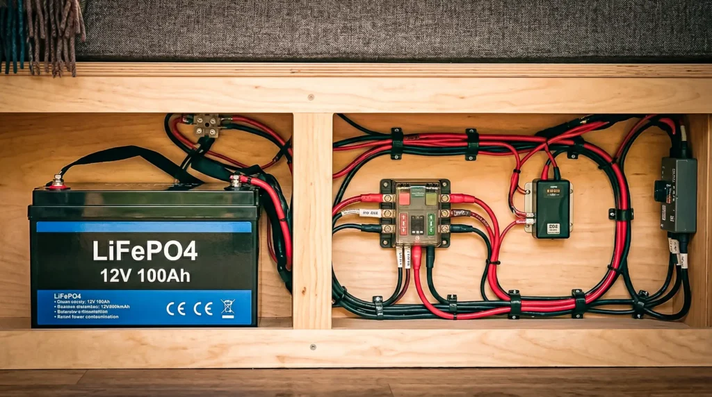 LiFePO4 12V 100Ah battery installed in a motorhome, wiring and connectors visible.