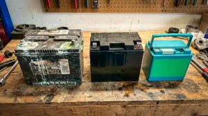 Three types of camper batteries on a wooden workbench in a workshop.