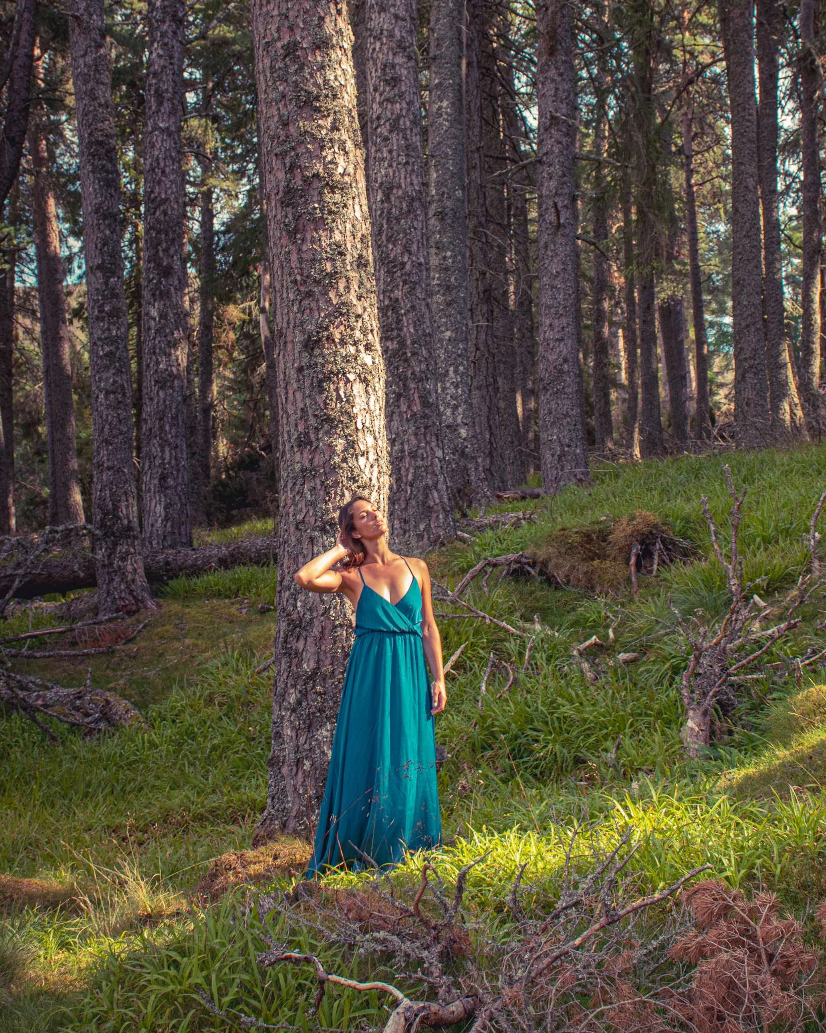 Caroline in a long blue dress in a pine forest of the Cairngorms