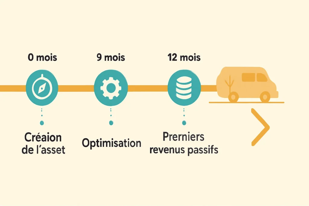 Infographic timeline of the 4 steps to generate passive income in vanlife over 12 to 18 months