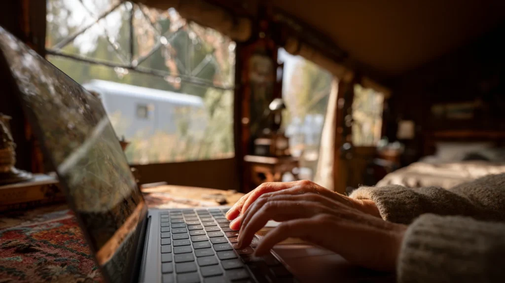 Hands typing on a computer in a camper van
