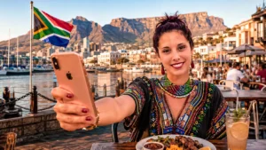 Caroline at V&A Waterfront, Cape Town, holding a smartphone with Table Mountain in the background.