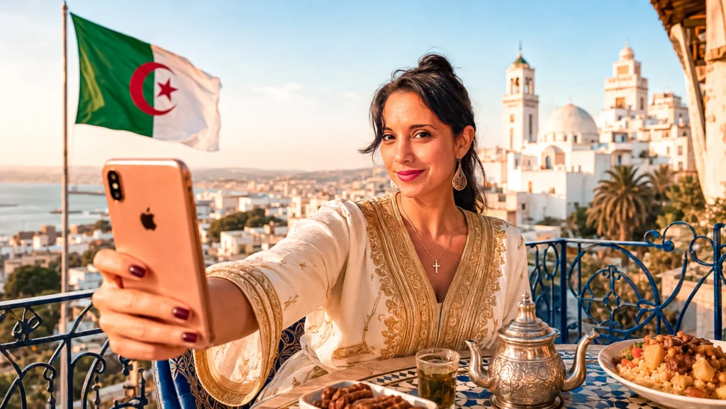 Caroline taking a selfie on a terrace in Algiers, with a view of the Casbah and the Algerian flag in the background.