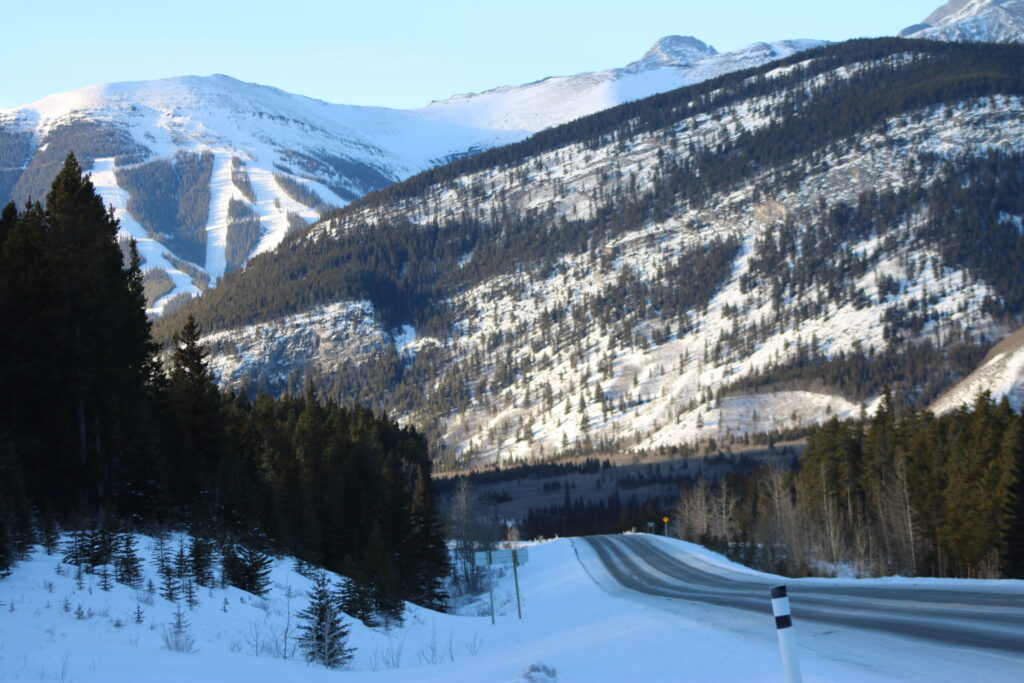 Road trip on a road from Alberta to the mountains