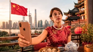 Caroline with a smartphone in front of an iconic monument in China