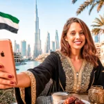 Caroline smiling with smartphone in front of the Burj Khalifa in Dubai, flag of the United Arab Emirates in the background.