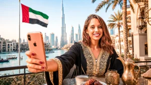 Caroline smiling with smartphone in front of the Burj Khalifa in Dubai, flag of the United Arab Emirates in the background.