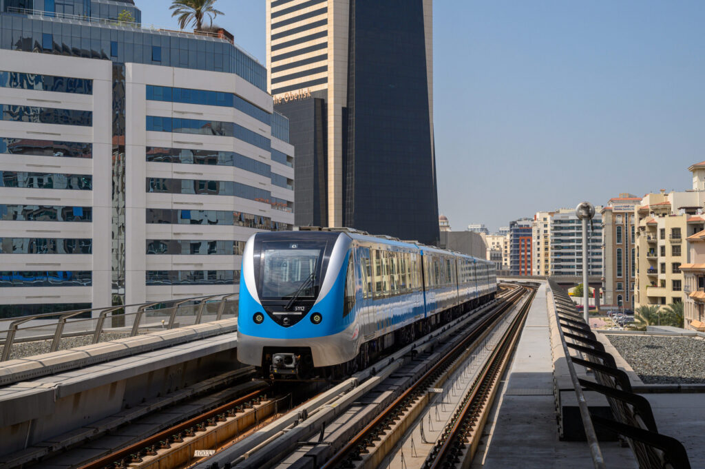 A Dubai metro train in the city
