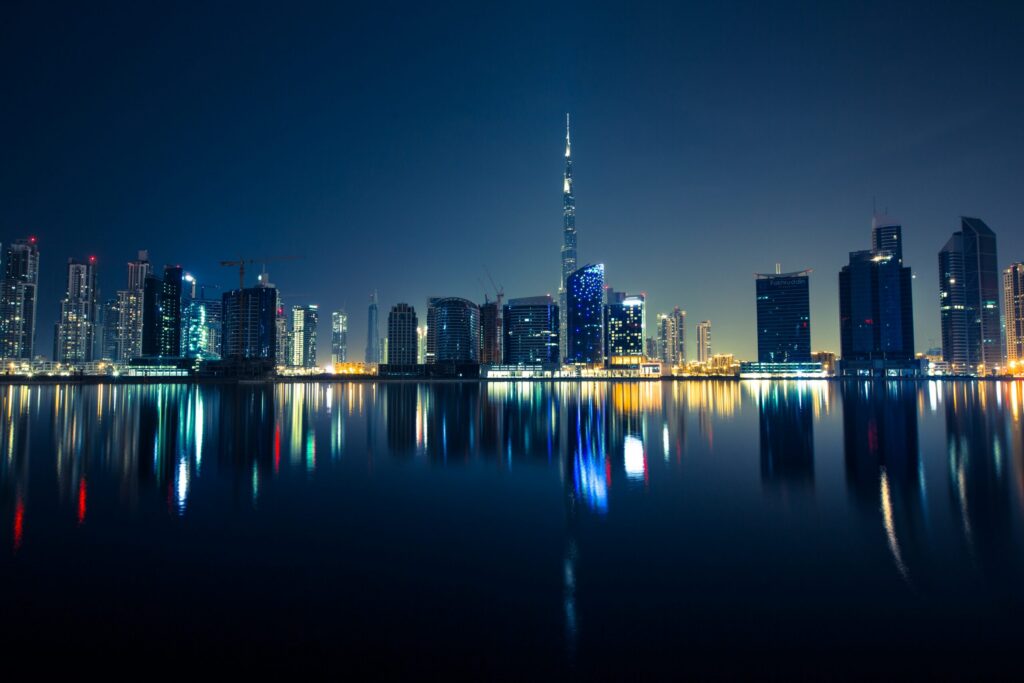 Dubai skyline and its skyscrapers at sunset