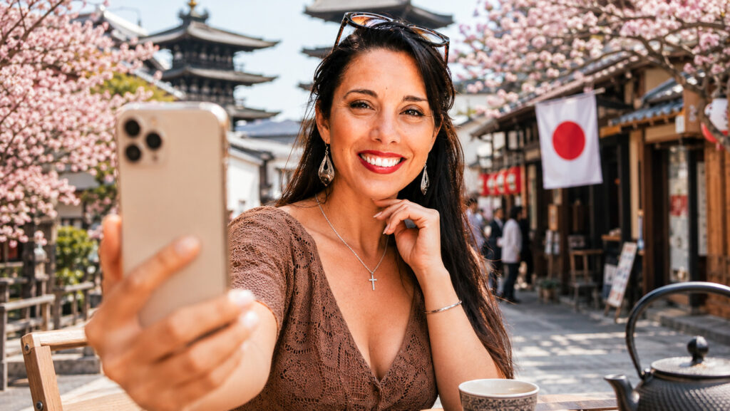 Smiling traveller taking a selfie in a Japanese street