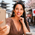 Smiling traveller taking a selfie in a Japanese street