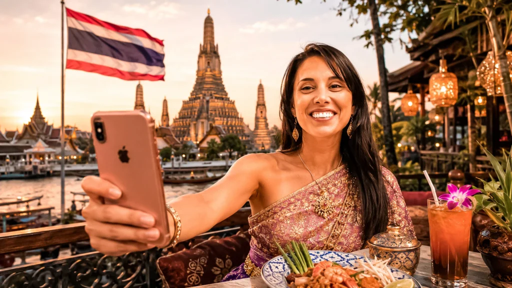 Caroline smiling taking a selfie in front of Wat Arun in Bangkok, with a Thai flag in the background.