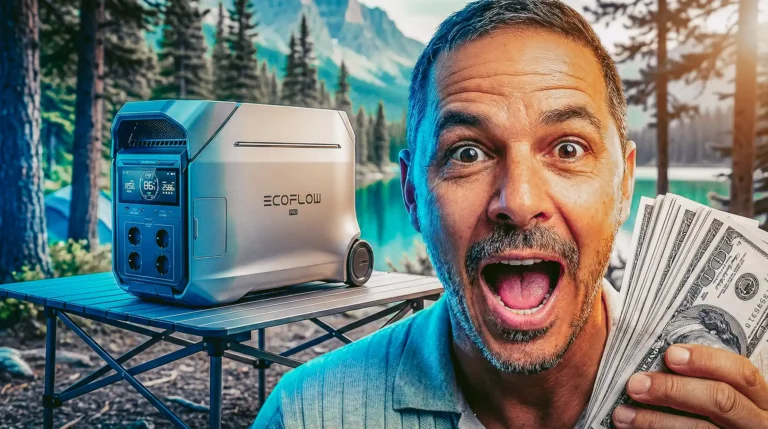 Smiling man with tickets in front of EcoFlow generator, forest and lake in the background, adventure and economy vibe.