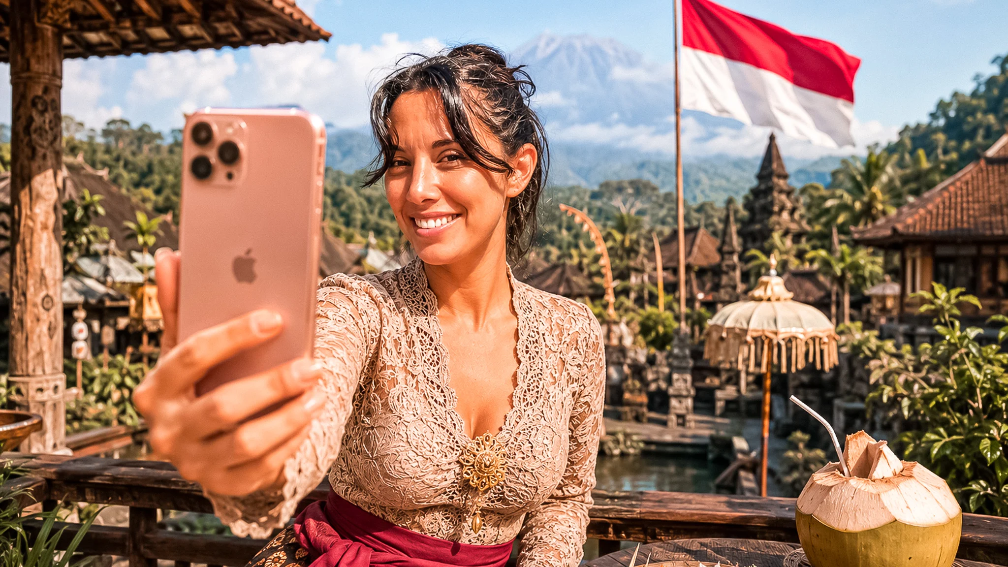 Caroline taking a selfie in Indonesia, with the Indonesian flag in the background
