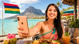 Caroline smiling with her smartphone in front of Le Morne Brabant, Mauritius, Mauritian flag waving.