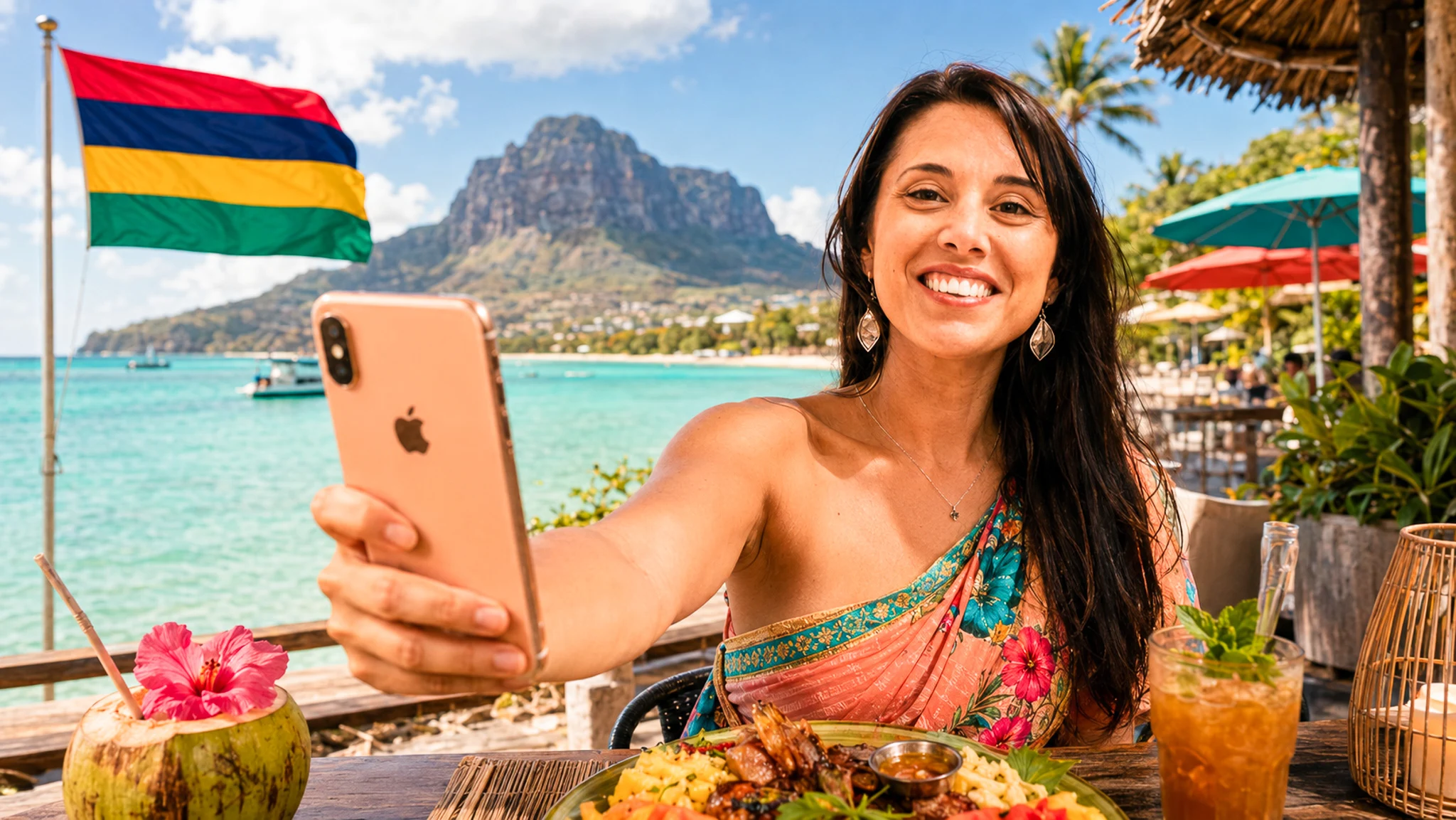 Caroline smiling with her smartphone in front of Le Morne Brabant, Mauritius, Mauritian flag waving.