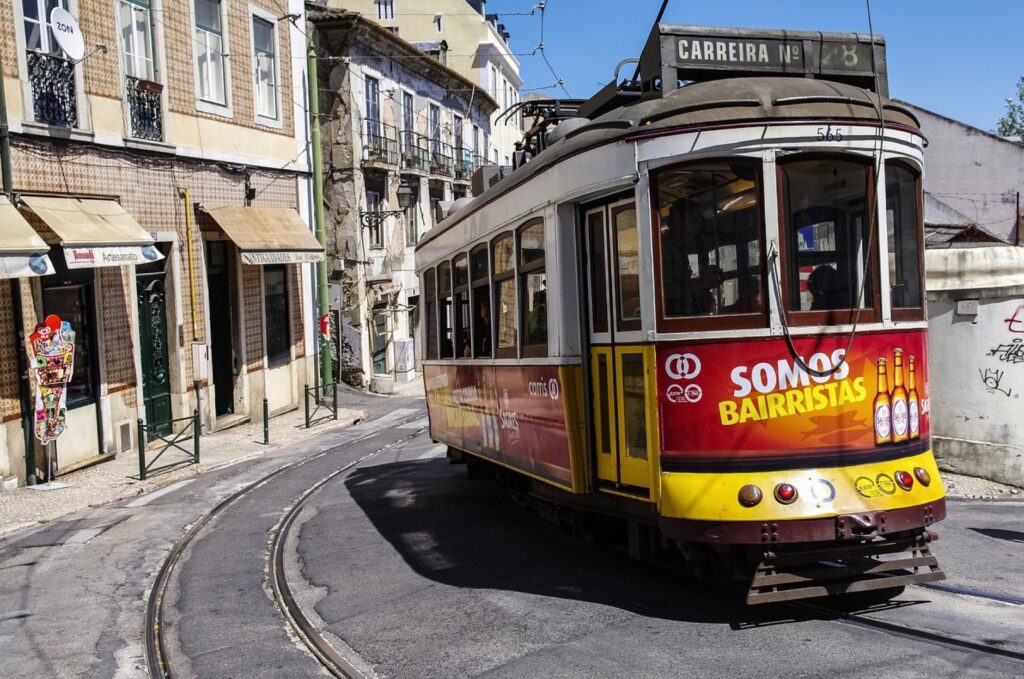 The yellow tram 28 in the Alfama district of Lisbon
