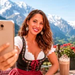 Woman in traditional dress taking a selfie in Switzerland, snow-capped mountains and Swiss flag in the background.