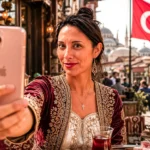 Caroline taking a selfie with her phone in front of the Hagia Sophia in Istanbul, Turkey