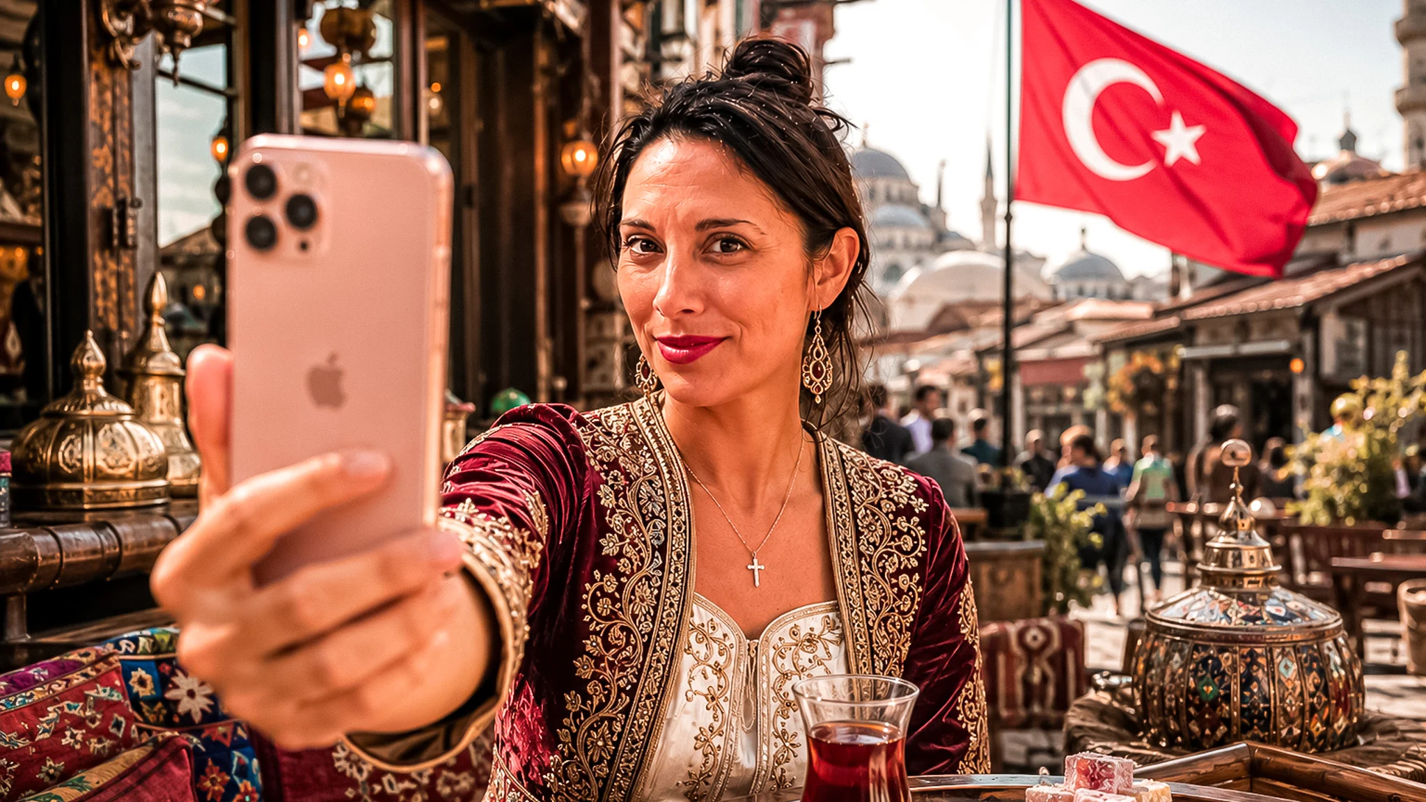 Caroline taking a selfie with her phone in front of the Hagia Sophia in Istanbul, Turkey