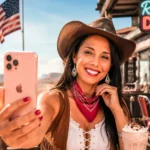 Smiling woman taking a selfie in front of a Route 66 diner, American flag in the background