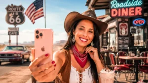 Smiling woman taking a selfie in front of a Route 66 diner, American flag in the background