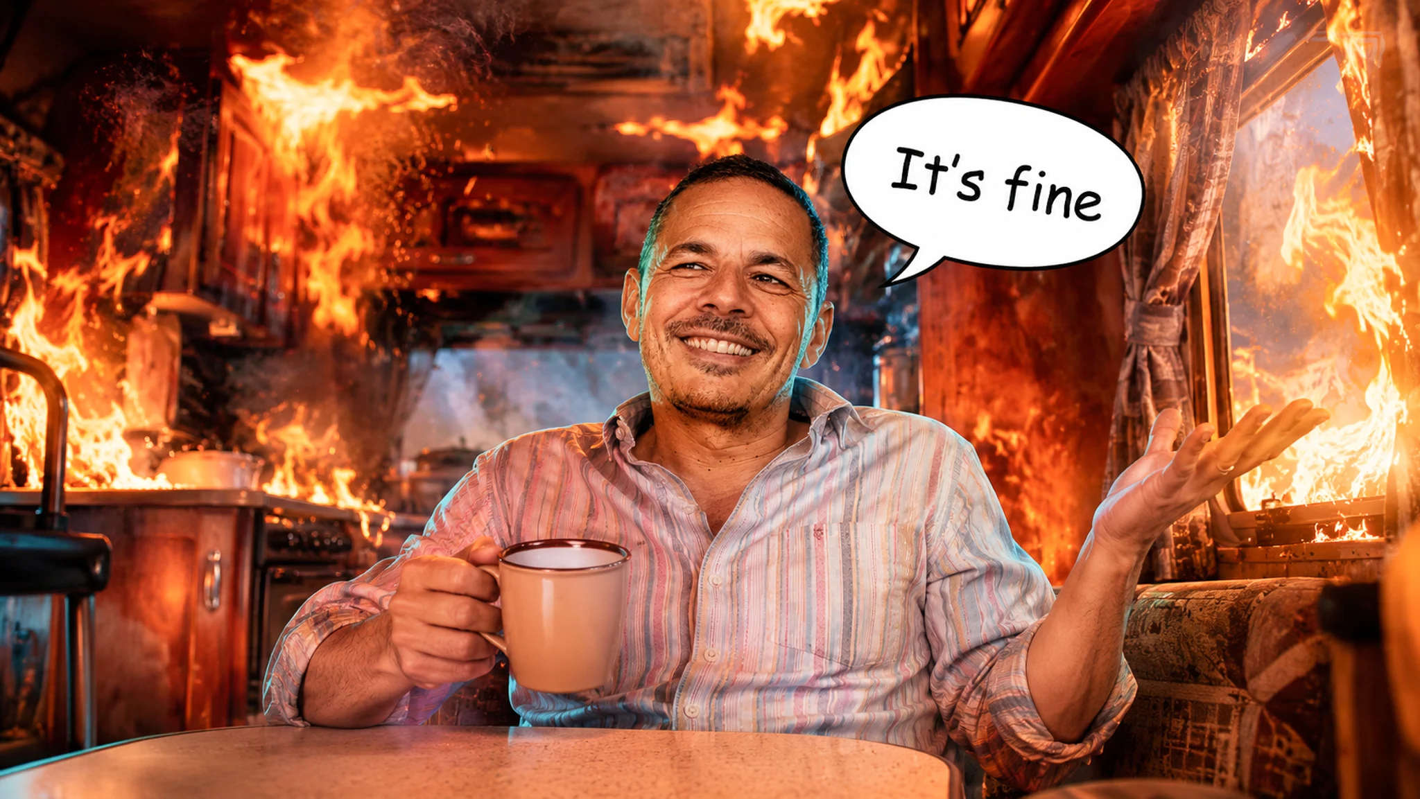 Man at a table with a mug in a burning camper van, It is fine meme parody, living gas-free