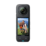 Insta360 X4 front view, 2.5-inch touchscreen showing a 360 selfie