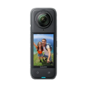 Insta360 X4 front view, 2.5-inch touchscreen showing a 360 selfie