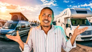 Xavier in front of a large motorhome and a small van: which vehicle to choose for vanlife