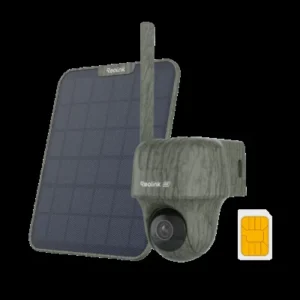 Reolink Go Ranger PT camouflage security camera with its solar panel and 4G SIM card