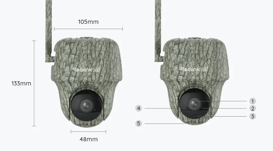 Dimensions of the Reolink Go Ranger PT camera: 105 mm wide and 133 mm tall
