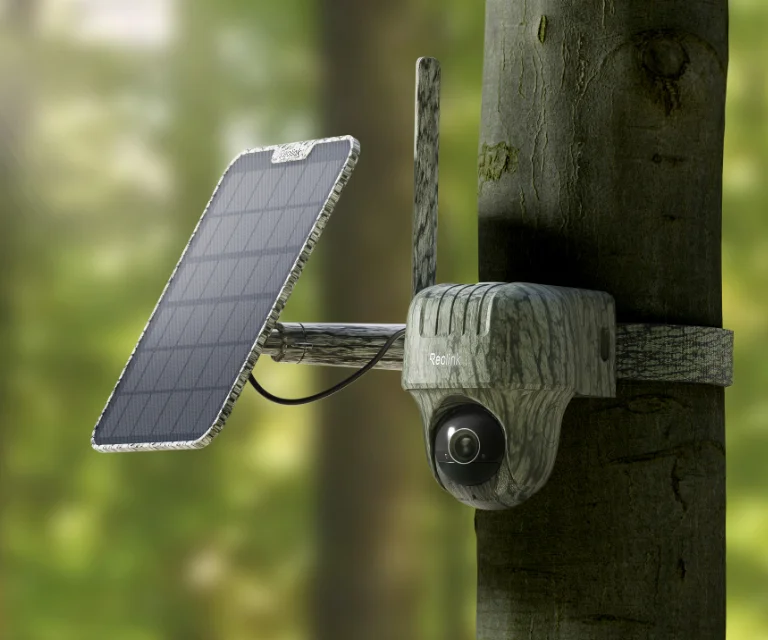 Reolink Go Ranger PT mounted front-on on a tree trunk with its adjustable solar panel