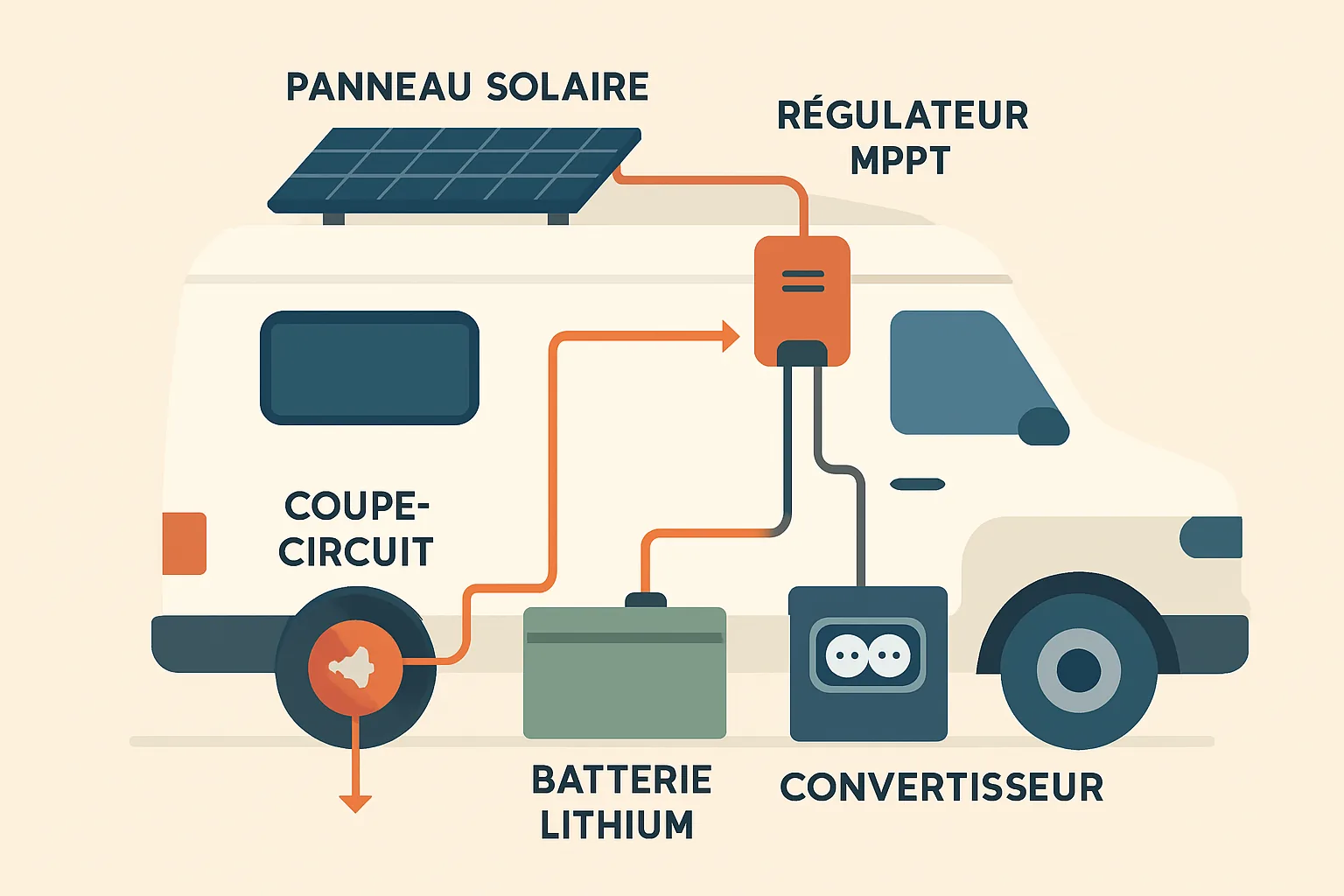 Solar installation diagram for camper van: solar panel, MPPT regulator, lithium battery, and inverter in a converted van