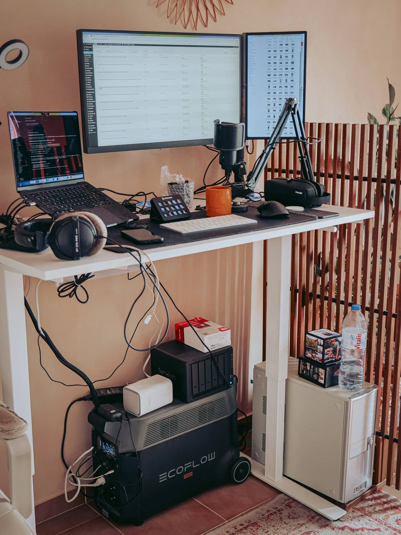 The complete workstation (sit-stand desk, MacBook, dual screen, microphone) powered by the EcoFlow Delta Pro slid underneath, with the Synology DS1520 NAS and the Reolink hub placed on the station. The entire setup runs on the battery in case of a power outage.