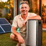 EcoFlow Stream Ultra Test: home solar storage battery placed in a garden with solar panel at sunset